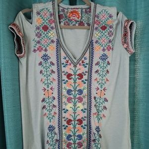 Johnny Was Clover Embroidered Cold Shoulder Top